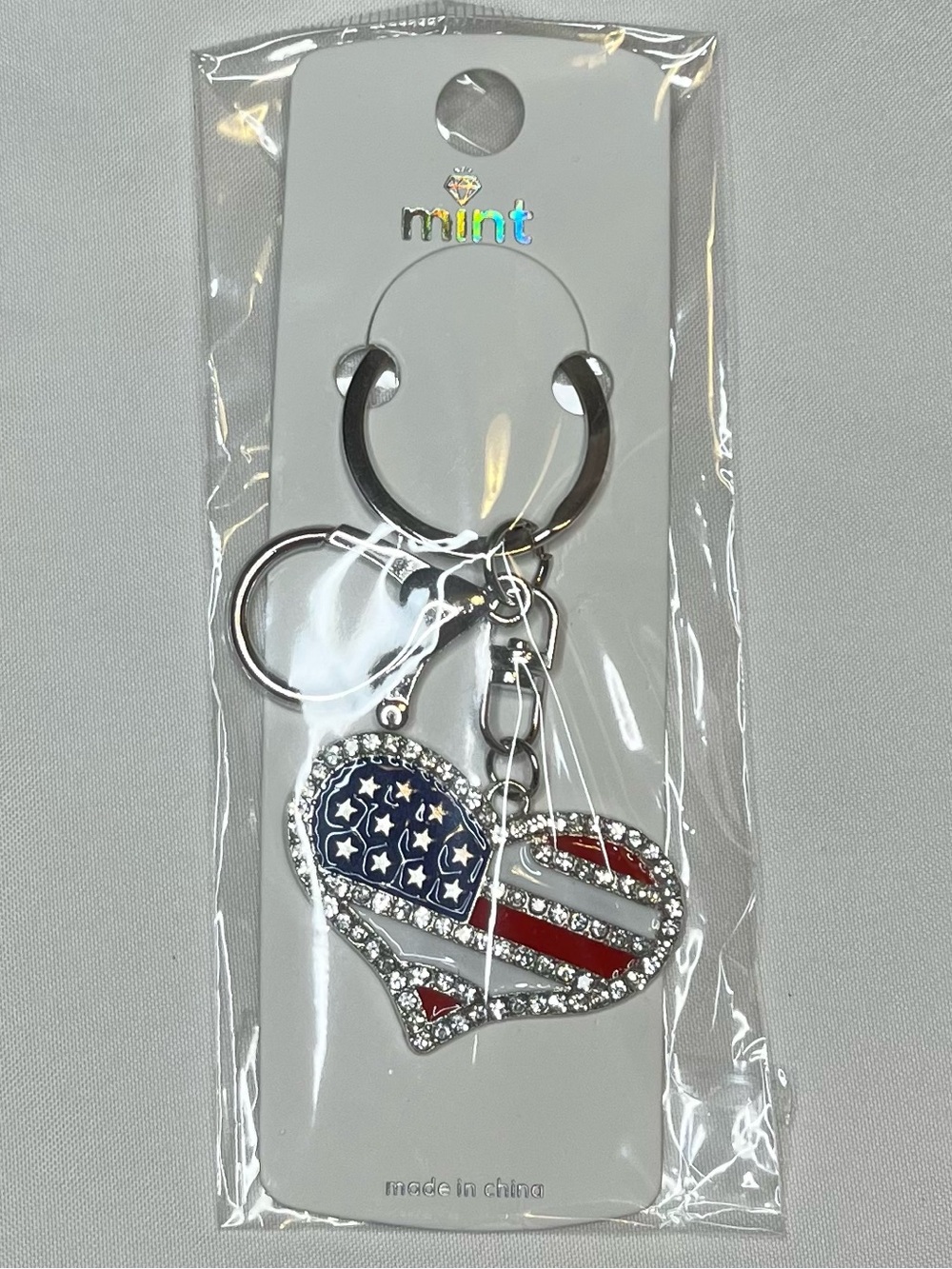 Mint Heart Flag Bag Charm Keychain - Silver, Red, White & Blue